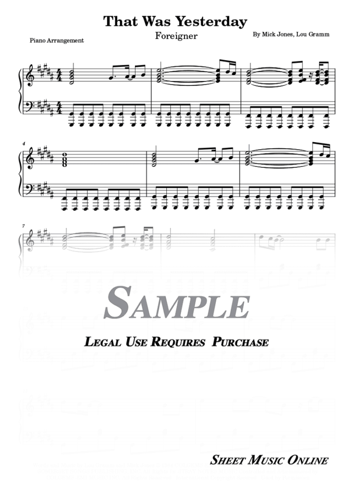 Foreigner - That Was Yesterday Sheet Music